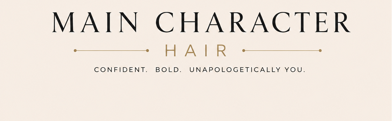 Logo for Main Character Hair with a stylized 'M' and silhouette of a woman's head on a beige background.